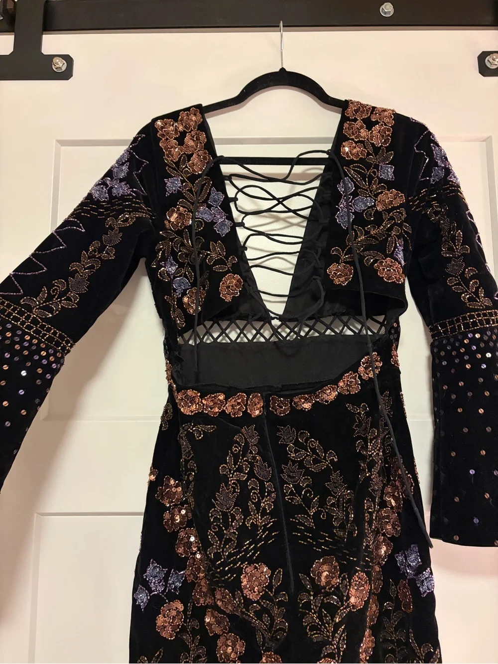 Nasty Gal Black Velvet Floral Embroidered Deep V Jumpsuit - Picture 6 of 8